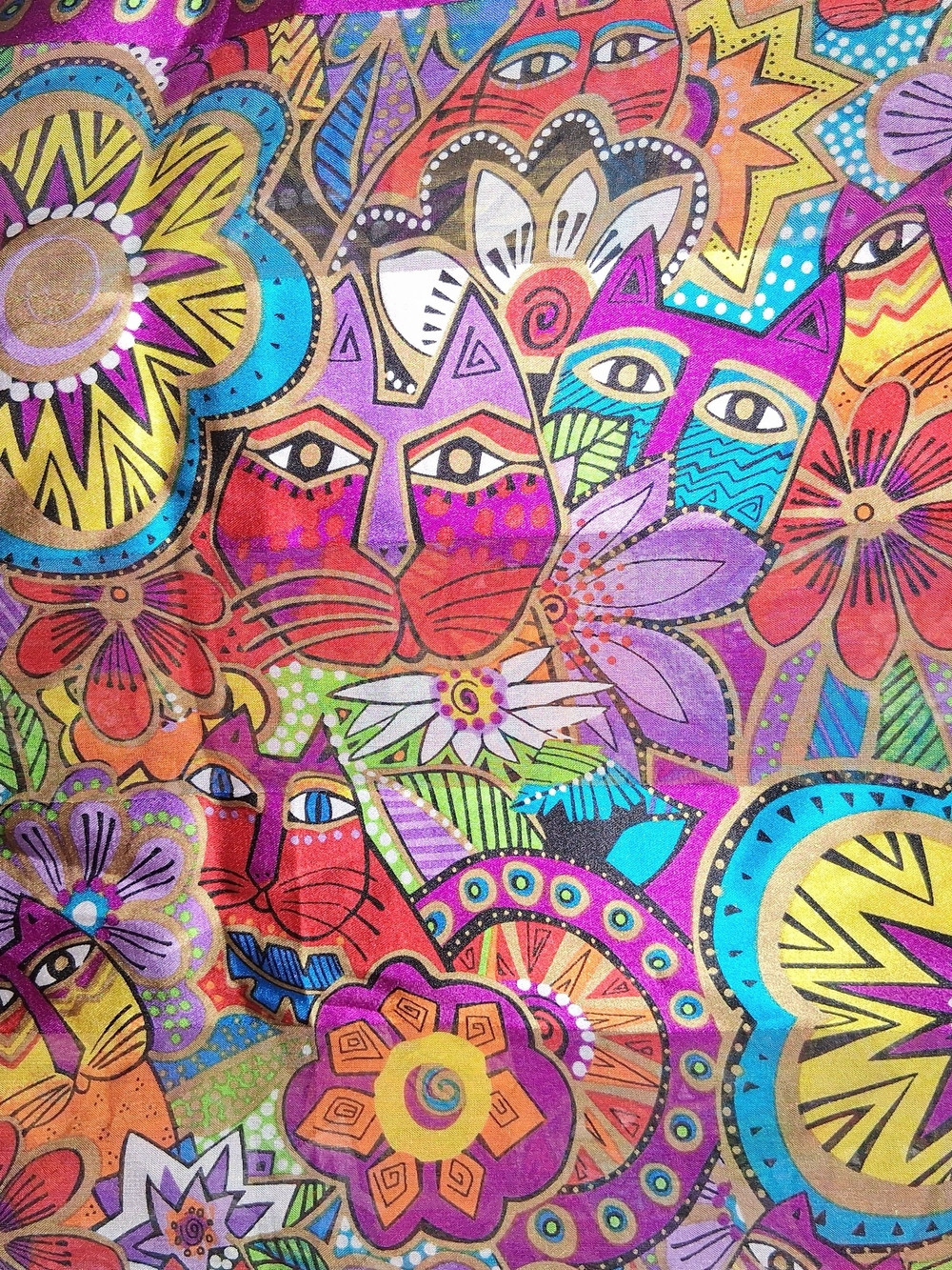 Laurel Burch Multicolor Cats & Flowers Scarf